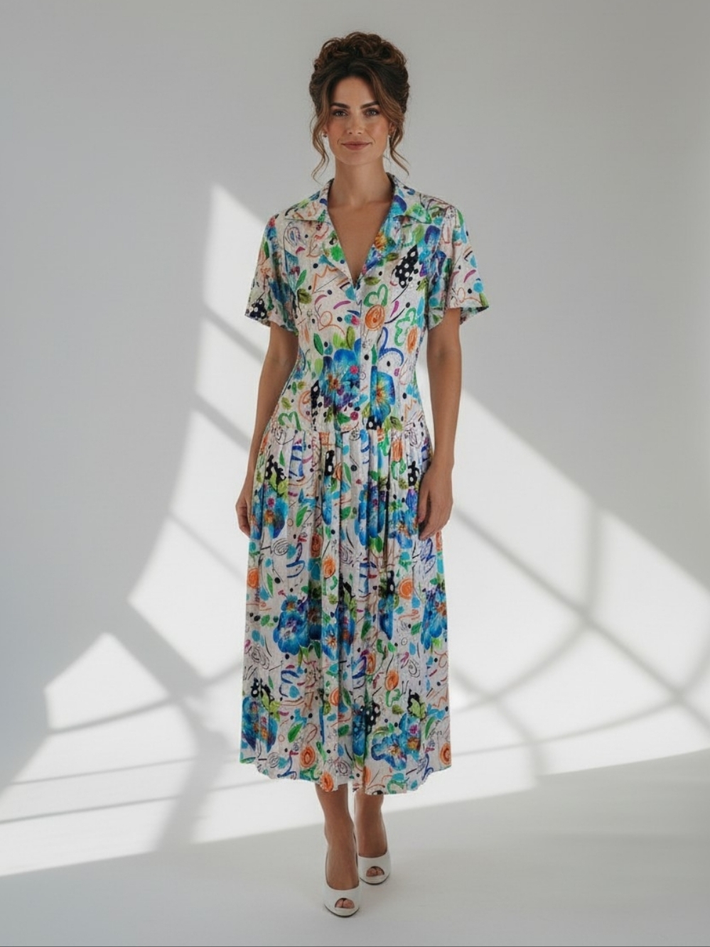 Leo Danal Vintage Belted Short Sleeve Button Down Celebration Dress